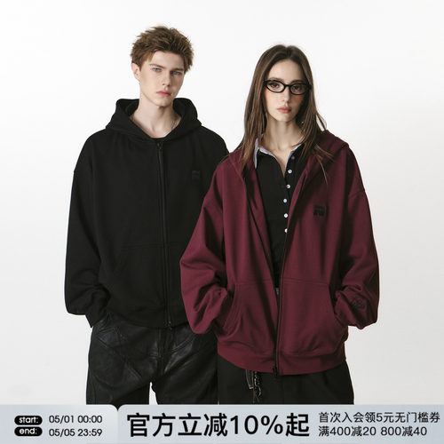 FORNINES刺绣双拉链重磅开衫卫衣男女情侣春秋休闲微短款连帽外套 - 封面