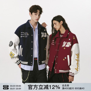 FORNINES美式 春秋撞色拼接复古夹克休闲情侣翻领外套女 棒球服男款