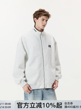 FORNINES刺绣立领拉链开衫灰色卫衣男女潮牌春秋情侣美式通勤外套