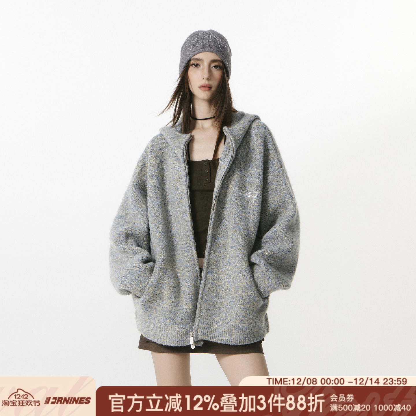 FORNINES微短款重磅加厚毛衣外套男女情侣装秋冬休闲连帽针织开衫