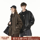 FORNINES刺绣翻领棕色皮衣男女情侣潮牌秋冬pu皮夹克美式 复古外套