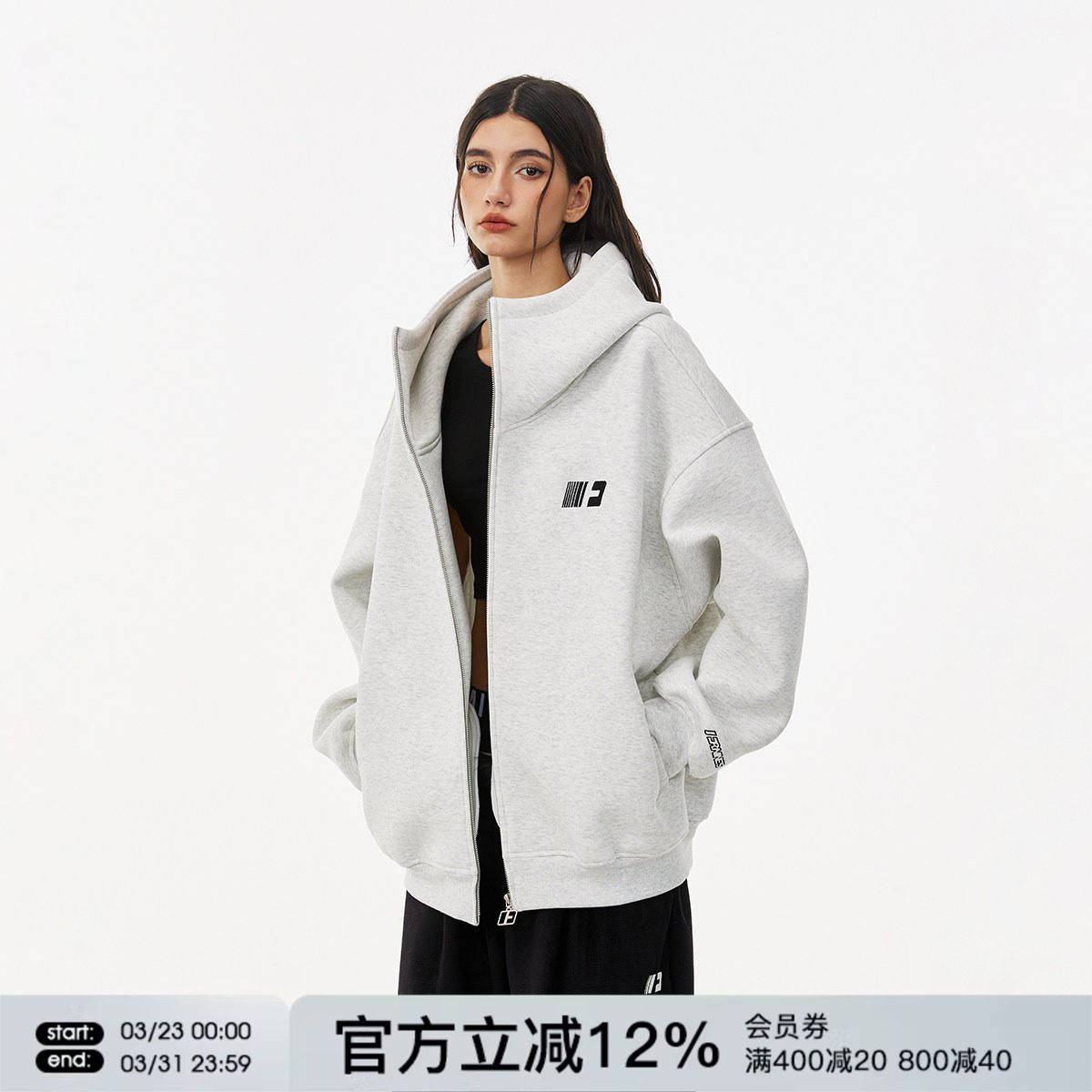 FORNINES刺绣重磅空气层卫衣男女情侣装潮牌高领开衫春季美式外套