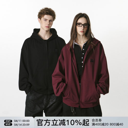 FORNINES刺绣双拉链重磅开衫卫衣男女情侣春秋休闲微短款连帽外套