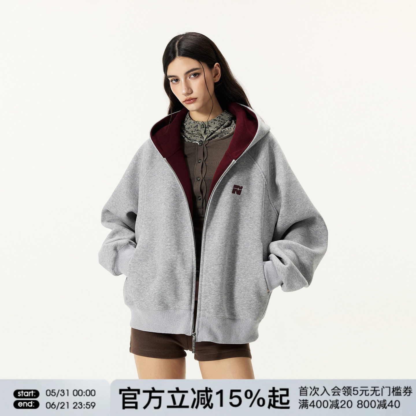 FORNINES微短款撞色刺绣双拉链开衫卫衣男女潮牌情侣连帽通勤外套