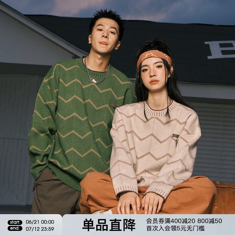 FORNINES小众条纹圆领美式毛衣男女宽松针织衫潮牌秋冬情侣装线衣