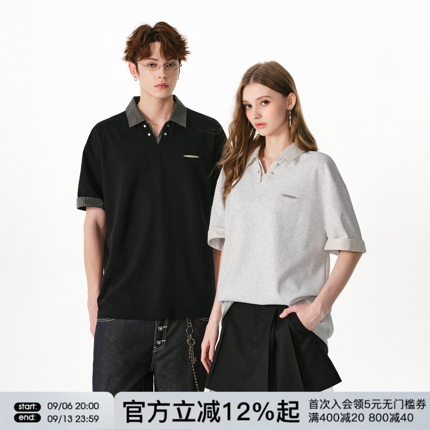 FORNINES假两件短袖polo衫男女情侣上衣潮牌夏季新款翻领半袖T恤图片
