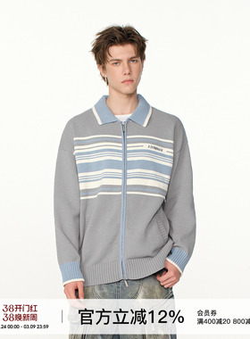 黄俊捷同款FORNINES灰色条纹拉链开衫毛衣男女潮牌秋冬针织衫外套