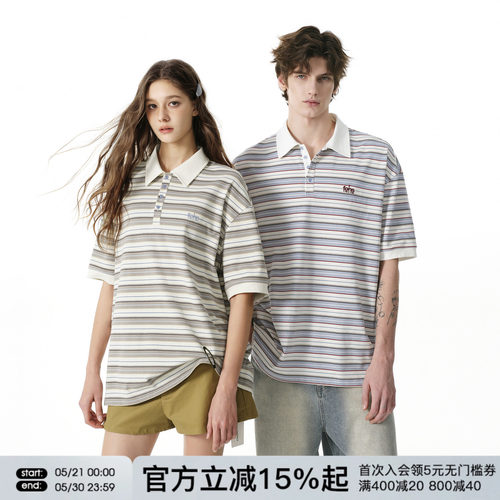 FORNINES撞色条纹短袖POLO衫男女情侣装上衣潮牌夏季刺绣半袖T恤
