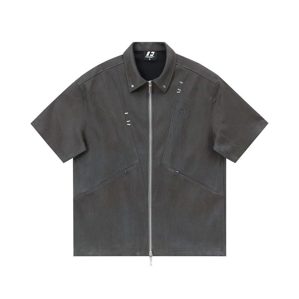 FORNINES Niche style Stylish shoulder pad Short imitation suede shirt men's Fancy short-sleeved American half-sleeved summer