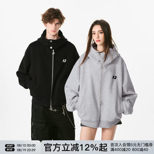 FORNINES双拉链微短款连帽重磅卫衣男女情侣春秋高领开衫休闲外套