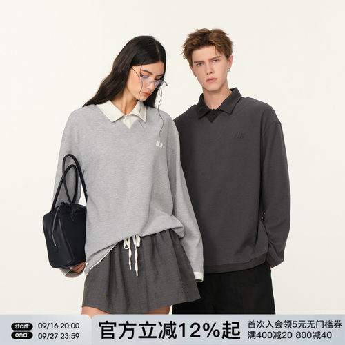 FORNINES假两件polo衫华夫格卫衣男女潮牌春秋款翻领通勤长袖上衣