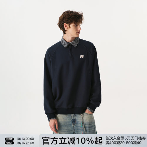 FORNINES假两件polo衫卫衣男春秋翻领藏青色半拉链休闲长袖上衣女