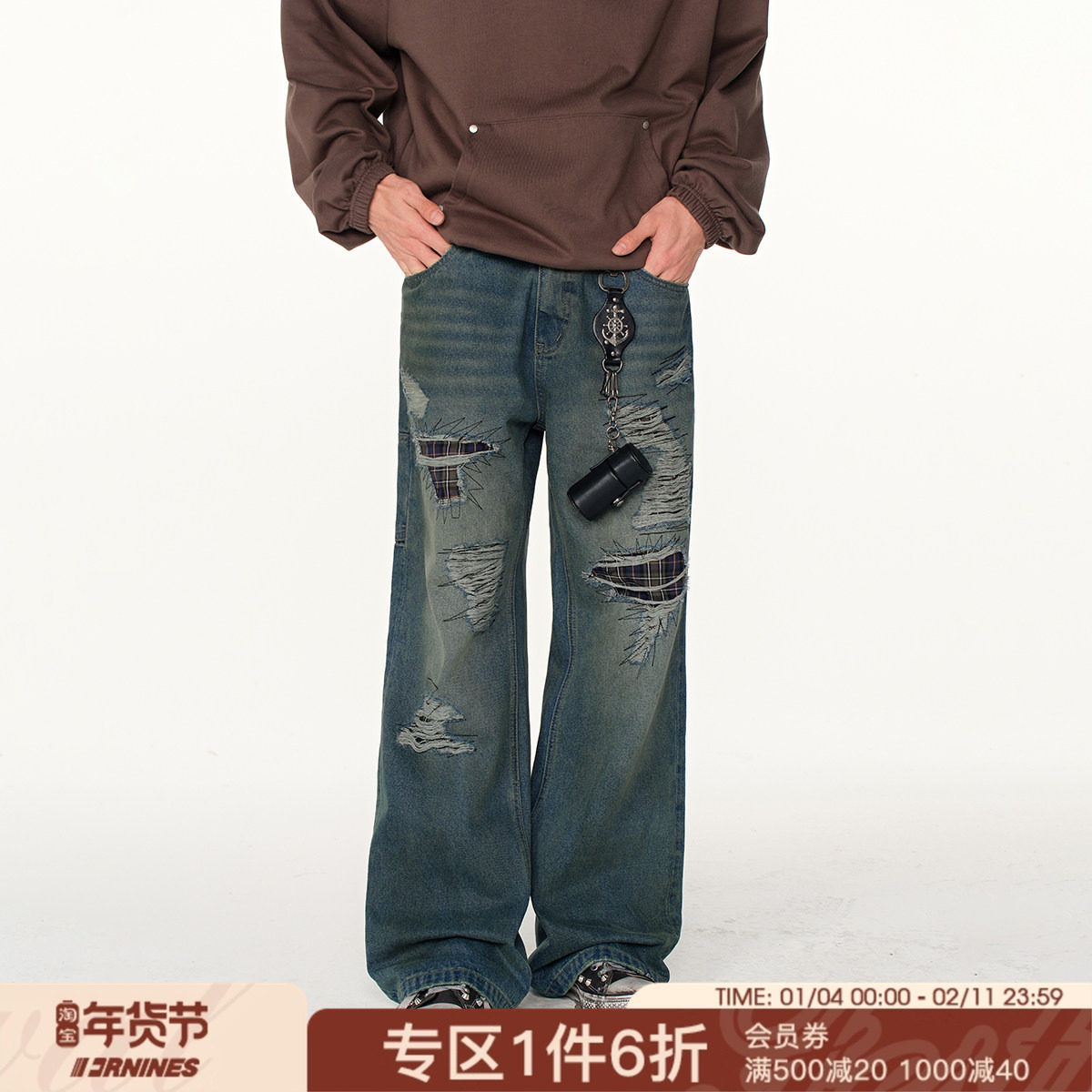 FORNINES乱针绣贴布水洗破坏牛仔裤男潮牌春秋直筒裤美式复古长裤,男装,牛仔裤,淘宝优惠券,粉丝福利购,淘宝优惠卷