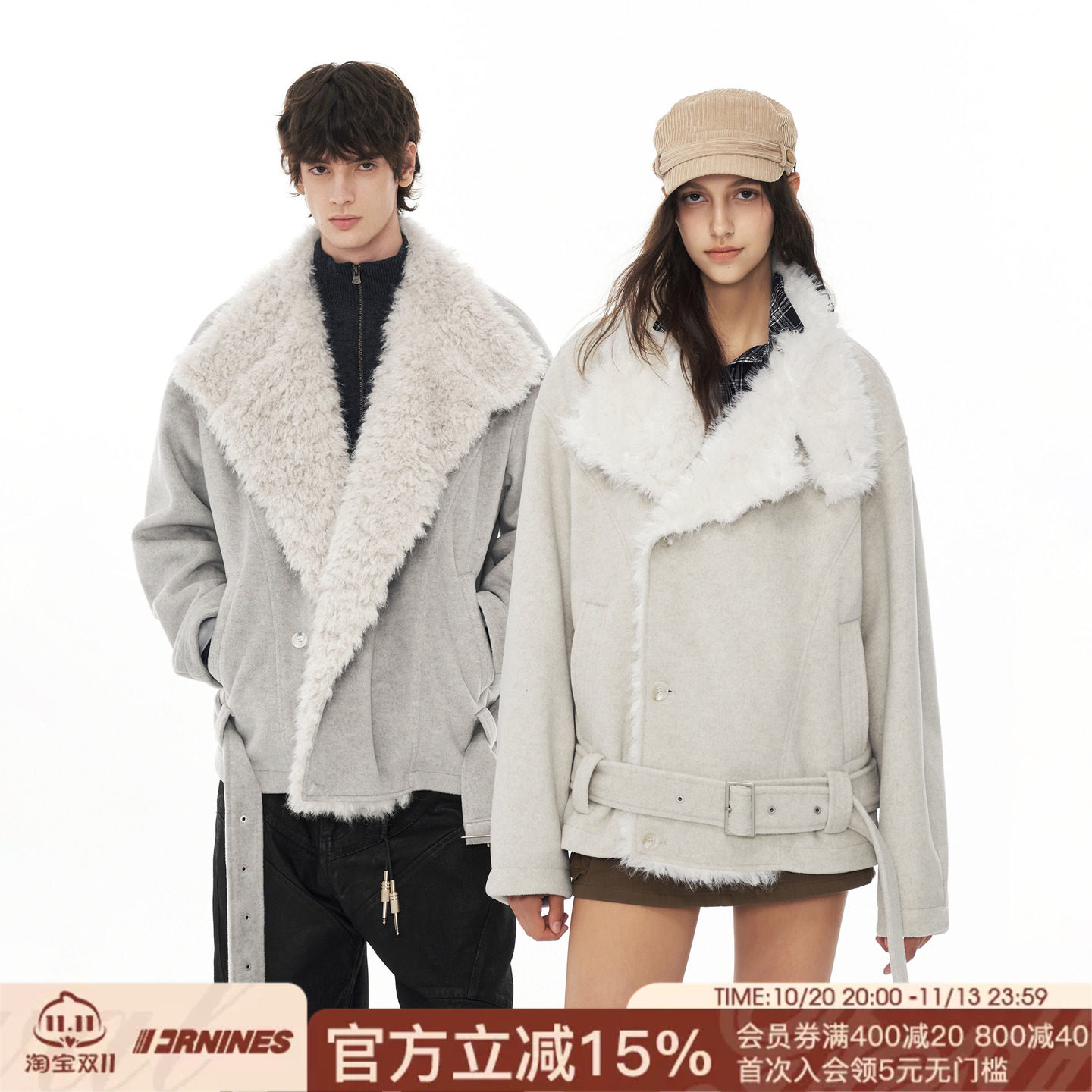 FORNINES座山雕翻领毛呢外套女情侣冬季夹棉毛领保暖棉衣男款棉服