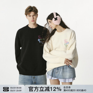 宽松线衣 打底衫 FORNINES彩字刺绣毛衣男女情侣针织衫 秋冬内搭长袖