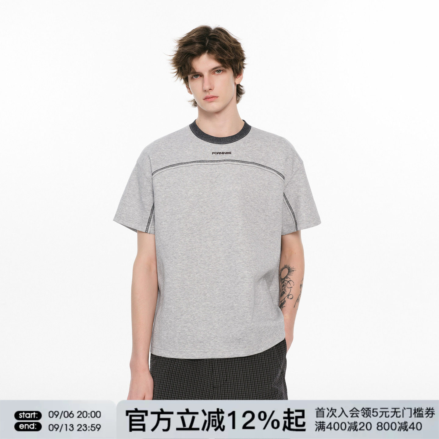 FORNINES刺绣明线短袖T恤男女情侣上衣2026夏季新款合身正肩半袖图片