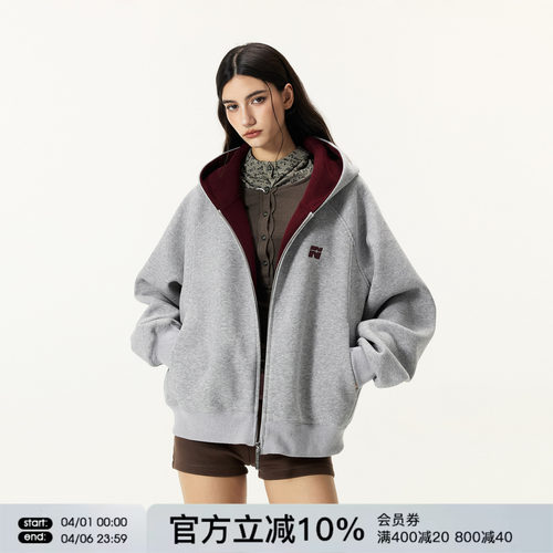 FORNINES微短款撞色刺绣双拉链开衫卫衣男女潮牌情侣连帽通勤外套