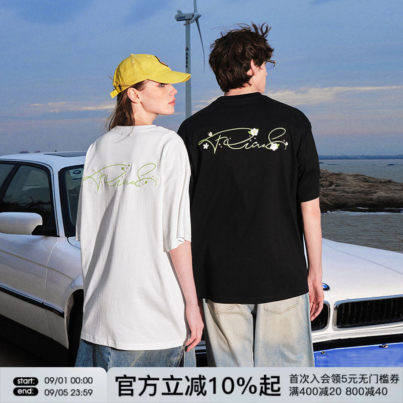 FORNINES梨花刺绣重磅短袖T恤男款情侣装上衣潮牌夏季休闲半袖女图片