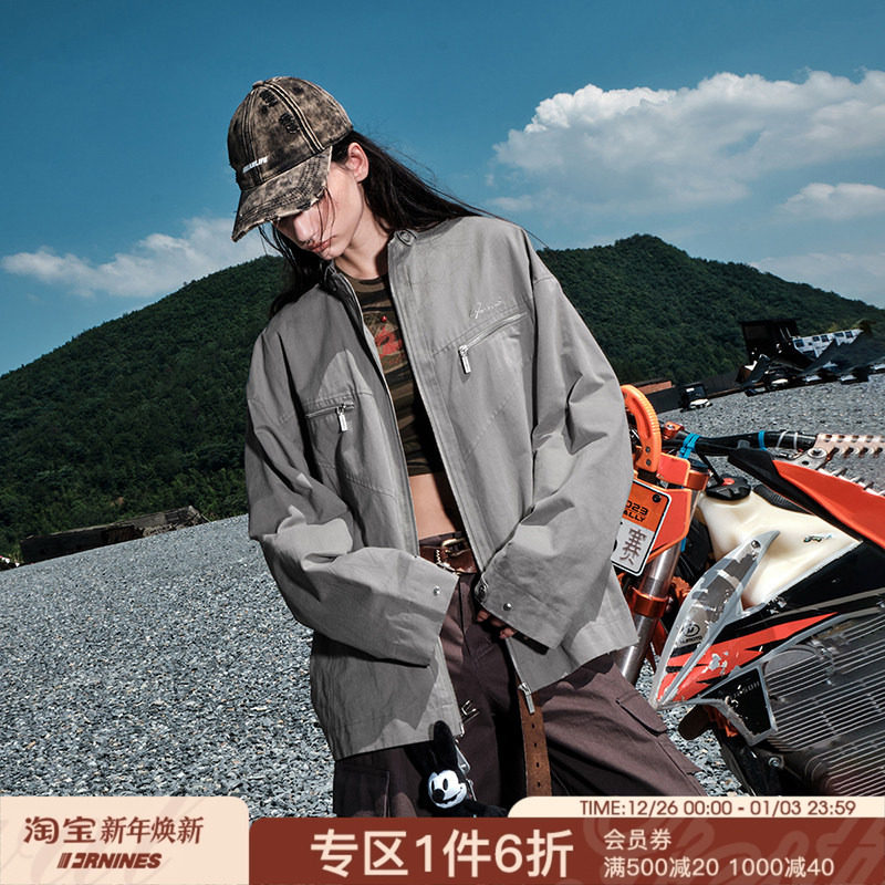 卢昱晓同款FORNINES刺绣立领夹克男女潮牌春秋款美式复古工装外套