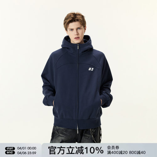 FORNINES双拉链重磅微短款刺绣开衫卫衣男女潮牌连帽高领春季外套