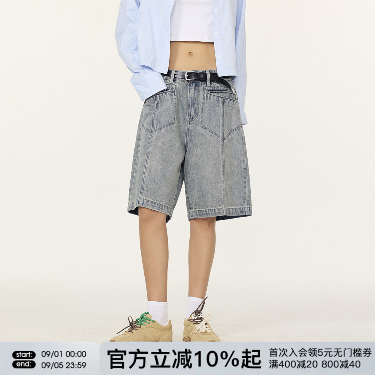 FORNINES水洗做旧牛仔短裤男女复古宽松直筒五分裤子潮牌夏季中裤图片