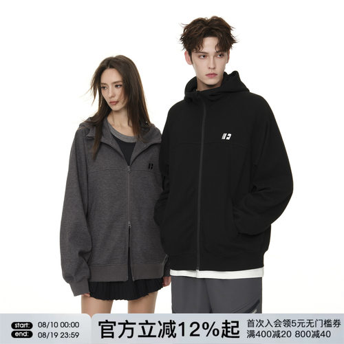 FORNINES刺绣双拉链华夫格开衫卫衣男女情侣装上衣春秋连帽衫外套