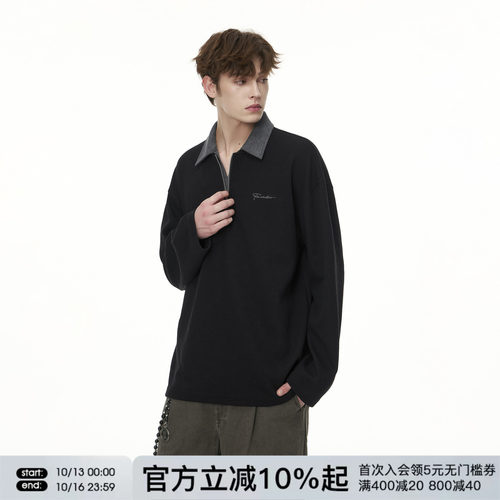 FORNINES假两件华夫格翻领重磅卫衣男女情侣装polo衫春秋长袖上衣