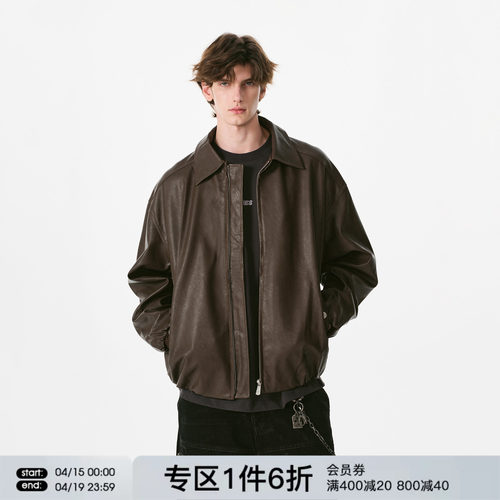 FORNINES美拉德复古翻领皮衣男款春季pu皮外套潮牌棕色痞帅机车服