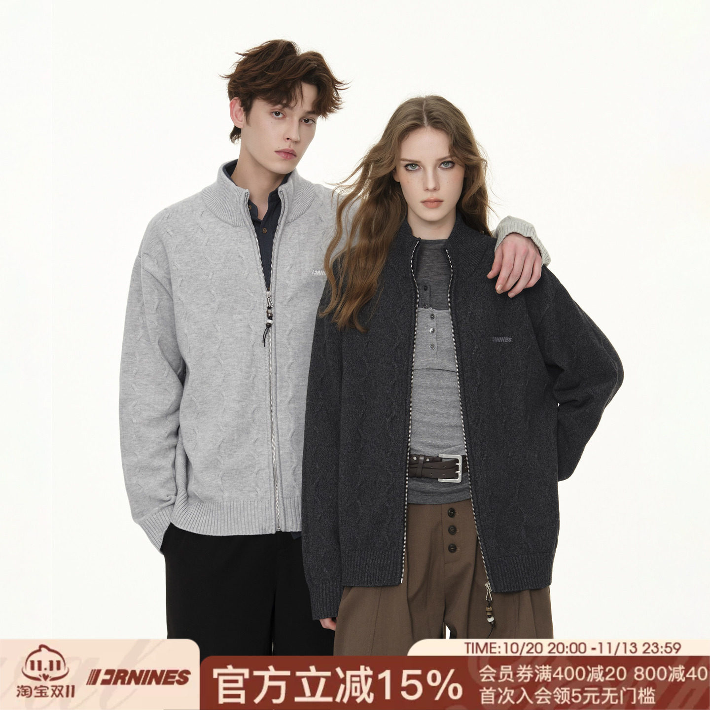 FORNINES刺绣立领开衫毛衣外套男女情侣装上衣潮牌2026秋冬针织衫