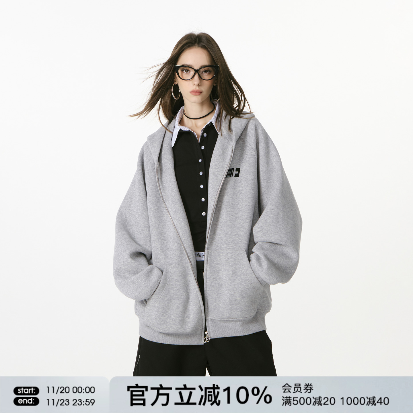 FORNINES刺绣连帽拉链开衫加绒卫衣男女潮牌秋冬重磅休闲加厚外套