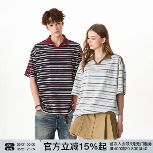 FORNINES撞色条纹短袖POLO衫男女情侣装上衣夏季宽松半袖翻领T恤