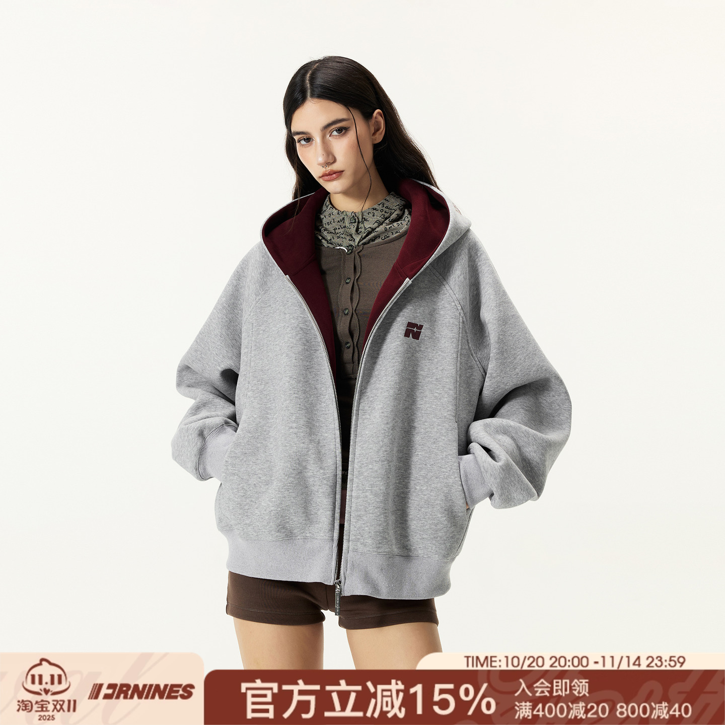 FORNINES微短款撞色刺绣双拉链开衫卫衣男女潮牌情侣连帽休闲外套