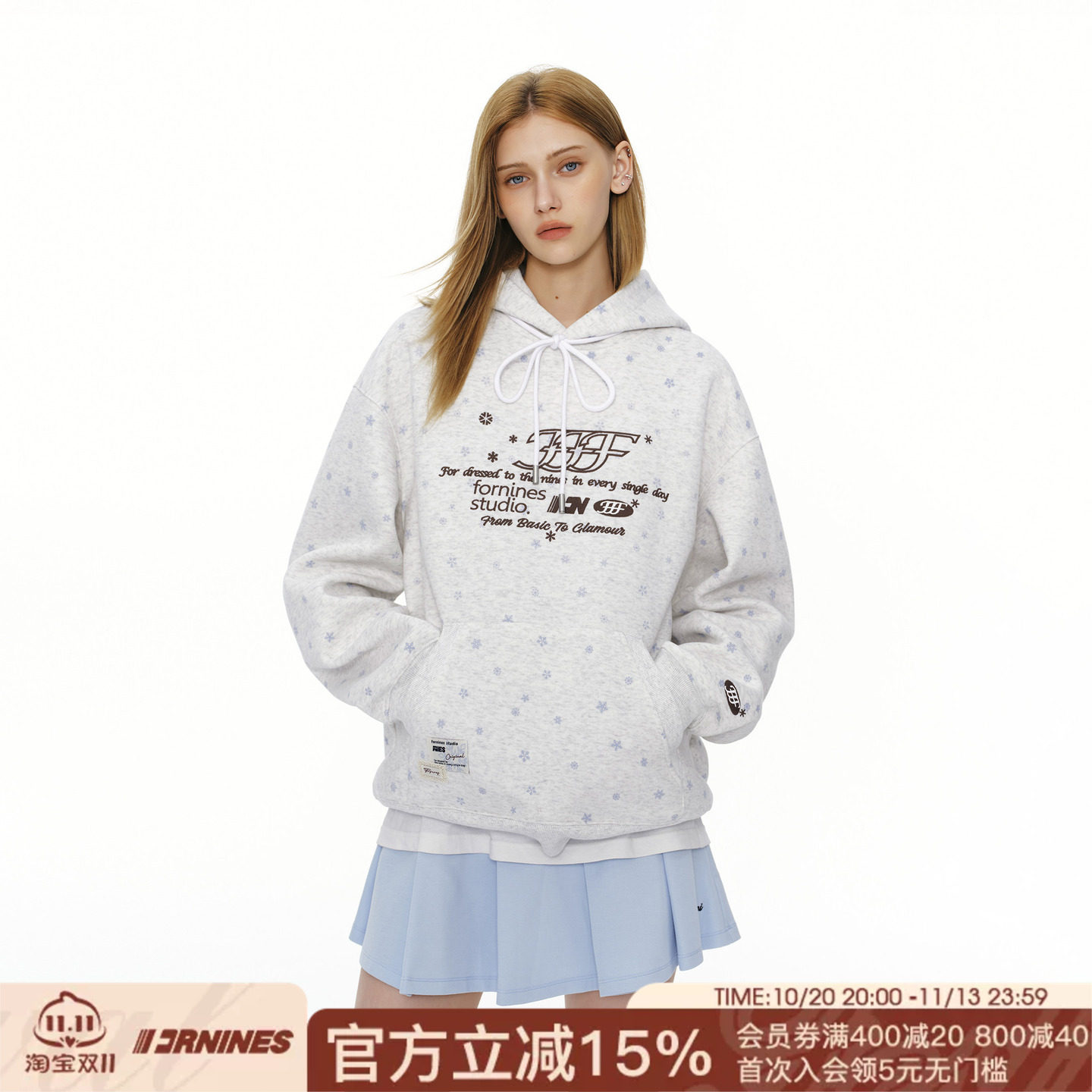 FORNINES刺绣满印连帽衫卫衣男女情侣装上衣秋冬重磅外套2026新款
