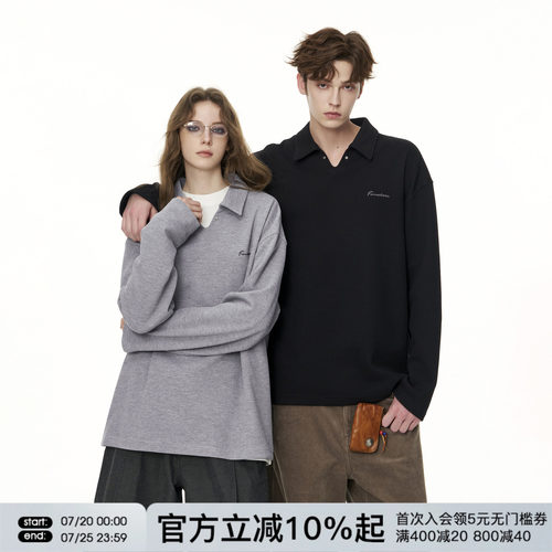 FORNINES刺绣重磅华夫格长袖POLO衫男女情侣上衣春秋潮牌翻领卫衣