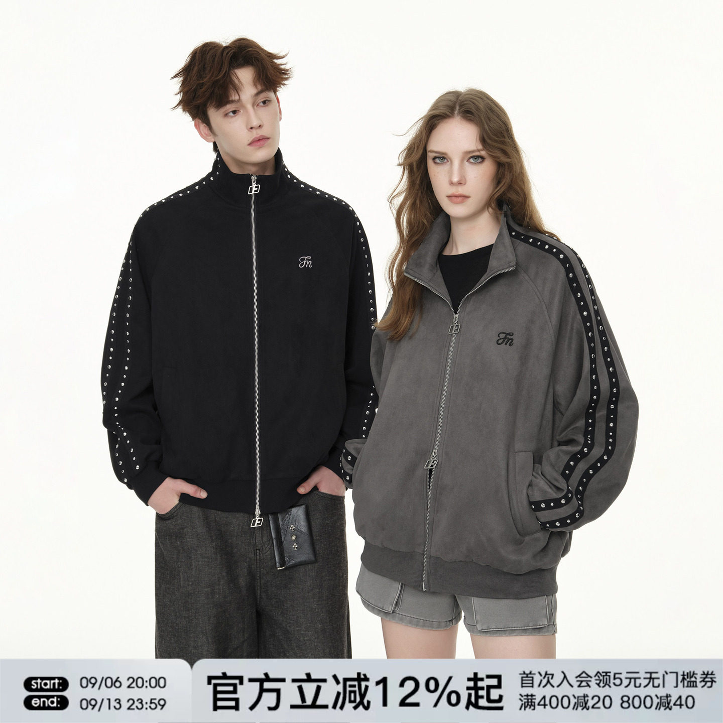 FORNINES双拉链麂皮绒立领夹克男女情侣衣服潮牌春秋新款复古外套图片