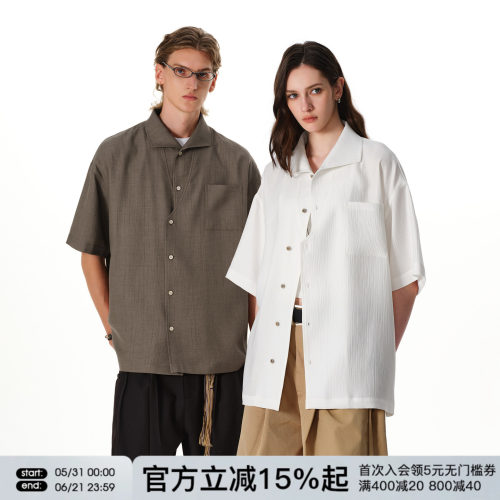 FORNINES羊毛混纺肌理面料短袖衬衫男女情侣上衣夏季复古老钱半袖