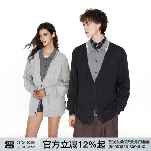 FORNINES假两件翻领开衫毛衣外套男女情侣装上衣春秋polo领针织衫