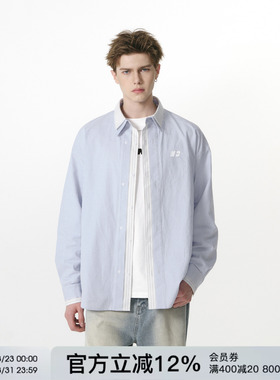 FORNINES设计感假两件蓝色格子长袖衬衫男潮牌春季衬衣外套女上衣