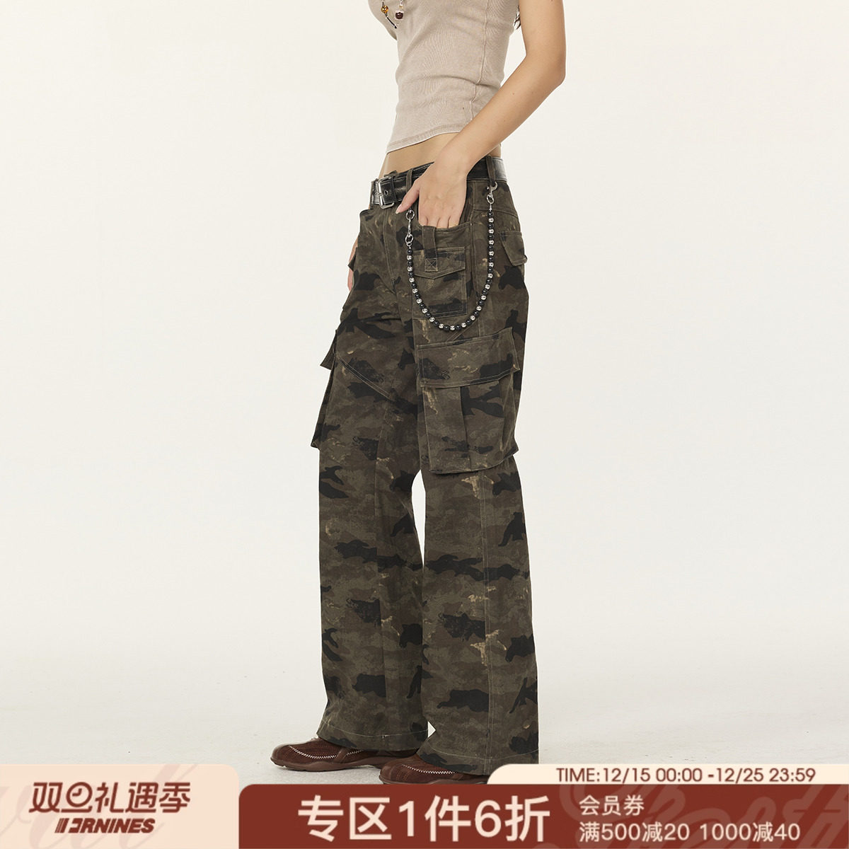 FORNINES美式复古迷彩多口袋修身工装裤显瘦微喇裤潮牌休闲长裤子