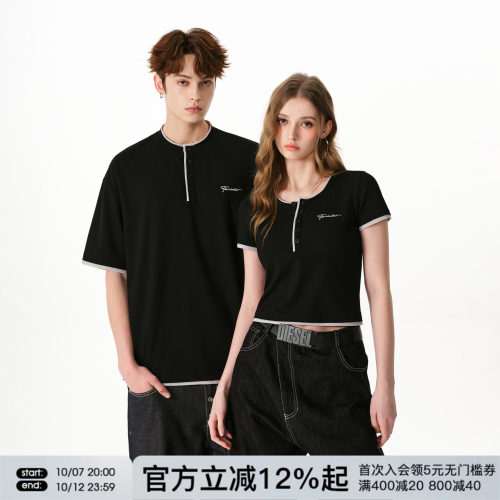 FORNINES华夫格亨利领短袖T恤男女情侣装上衣夏季新款假两件半袖