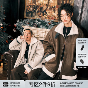 FORNINES潮牌仿羊羔毛加厚立领棉衣男女情侣冬季加绒机车服皮外套