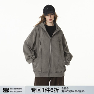 FORNINES复古水洗做旧连帽开衫 外套 卫衣男女潮牌重磅460g春秋帽衫