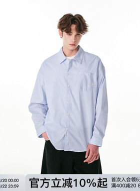 FORNINES刺绣蓝色条纹长袖衬衫男款2026春季新款潮牌休闲通勤上衣