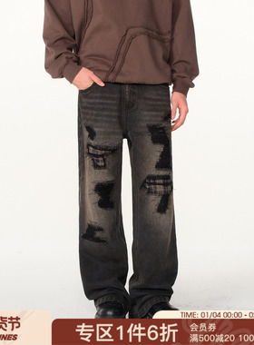 FORNINES水洗贴布补丁牛仔裤男款潮牌裤子秋冬直筒裤美式复古长裤