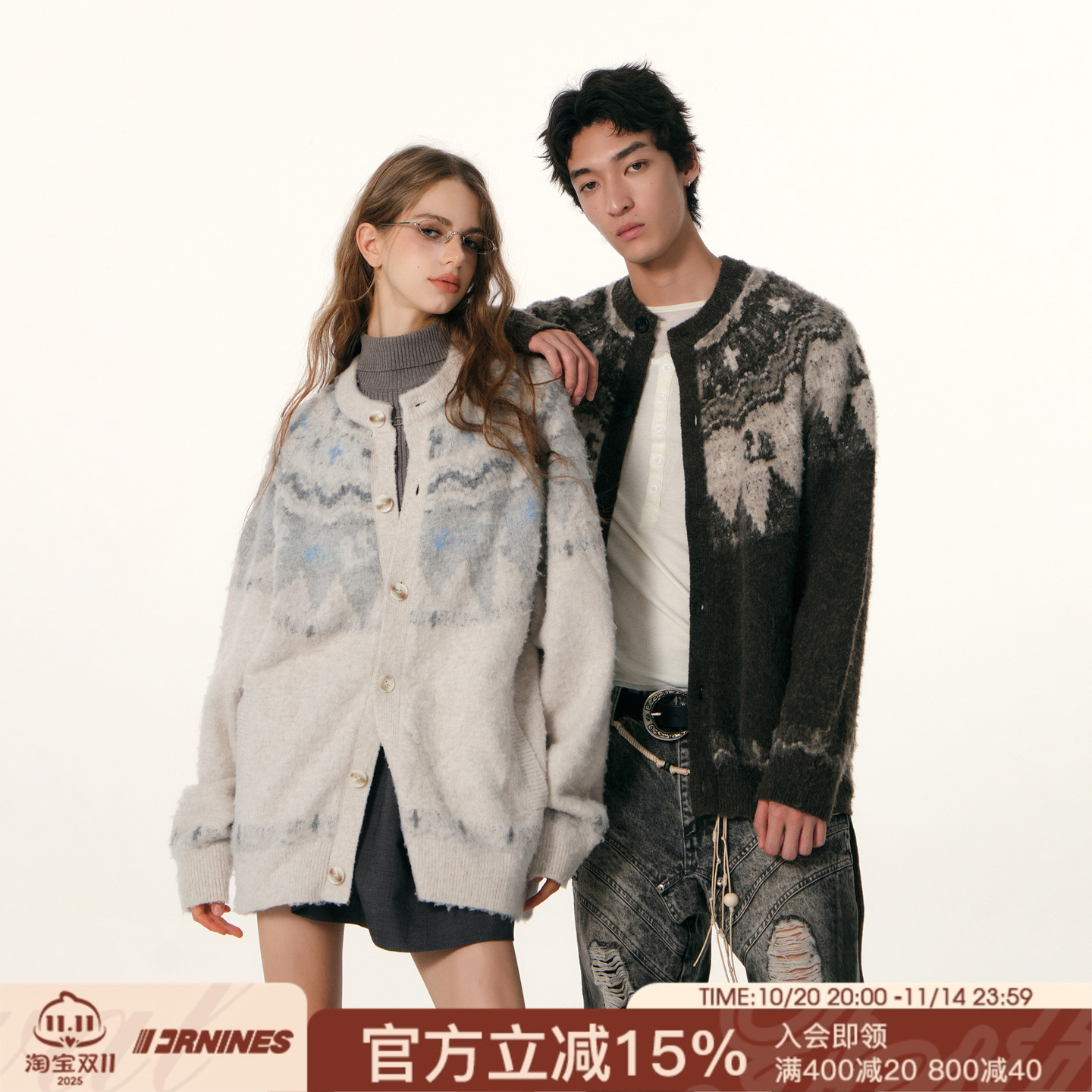 FORNINES含绵羊毛费尔岛圆领针织开衫男情侣装秋季复古毛衣外套女