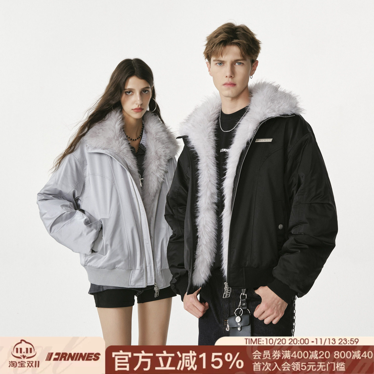 FORNINES座山雕棉衣外套男款冬季翻领加厚防寒服潮牌大毛领棉袄女
