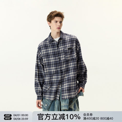 FORNINES磨毛格子衬衫男女潮牌春季上衣复古内搭格纹长袖衬衣外套