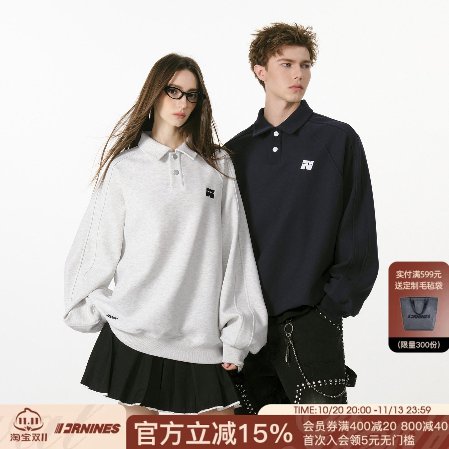 FORNINES学院风刺绣polo衫卫衣男女潮牌情侣春秋翻领休闲长袖上衣