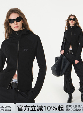 FORNINES显瘦修身毛圈卫衣女生连帽黑色开衫潮牌春季辣妹短款外套