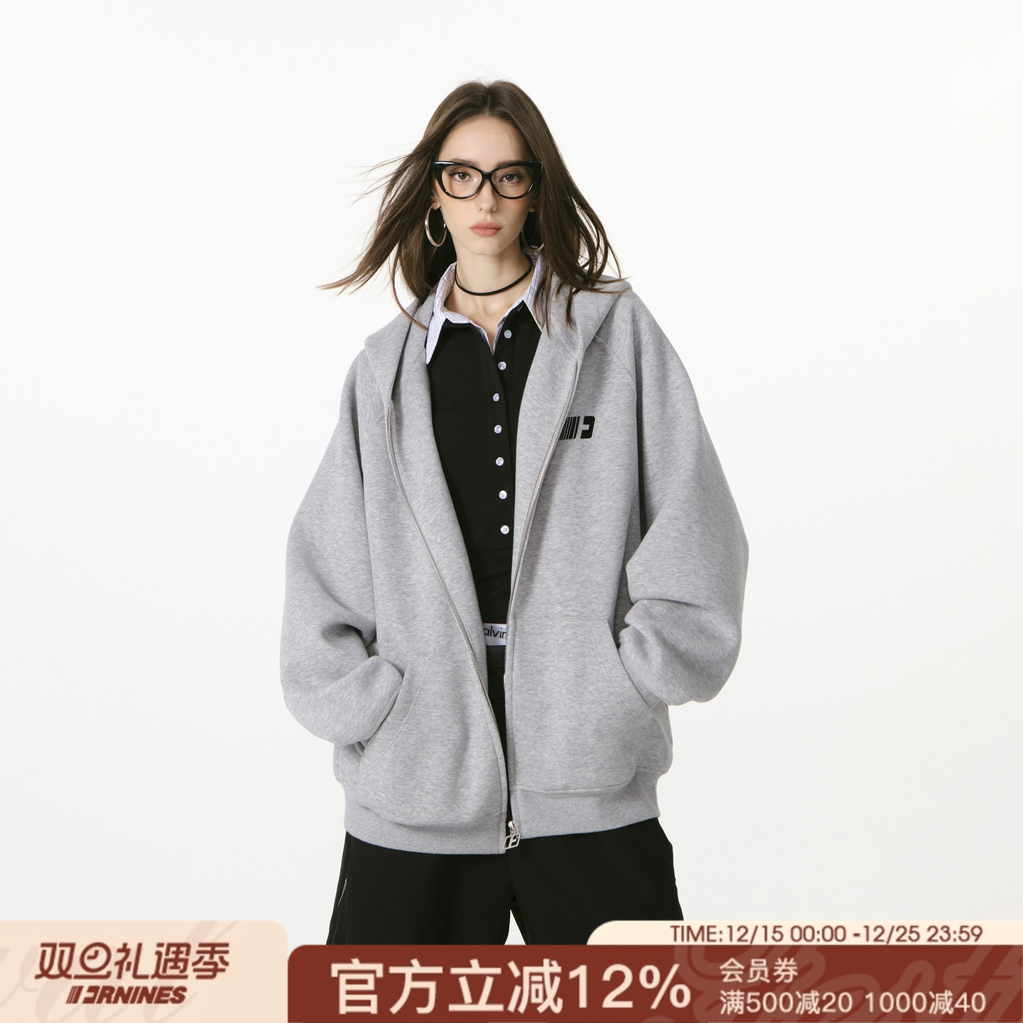 FORNINES刺绣连帽拉链开衫加绒卫衣男女潮牌秋冬重磅休闲加厚外套